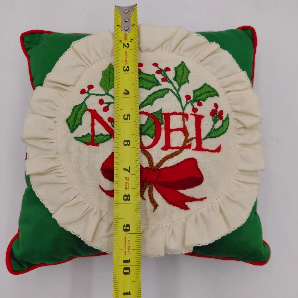 Cross Stitched Christmas Throw Pillow Noel Holly 9.5